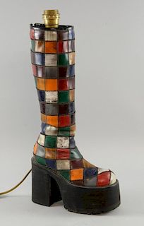 Leather patchwork boot lamp with red silk shade, height with shade 56.5 cm.