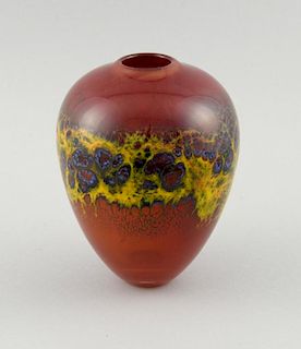 Peter Layton studio glass vase, red with abstract frieze, 18 cm