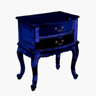 Squint bedside table, covered in blue velvet, with two drawers, on cabriole legs70cm x 63cm x 40cm
