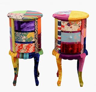 Pair of Squint patchwork bedside chests of three drawers on cabriole legs, height 75 cm, diameter 36