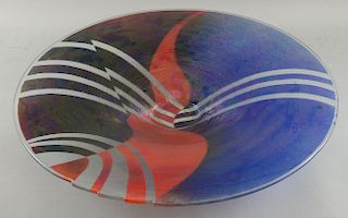 Large studio glass charger, reverse painted the top with broken iridescent finish, 53 cm