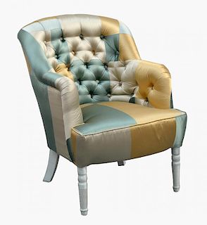 Squint silk patchwork button-back armchair in green and goldNote: VAT payable on the hammer price c