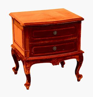 Squint rust coloured bedside chest of two drawers on cabriole legs, 60 x 56 x 49 cmNote: VAT payable