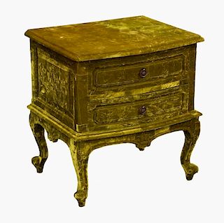 Squint green coloured bedside chest of two drawers on cabriole legs, 60cm x 56cm x 48cmNote: VAT pay