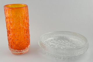 Whitefriars tangerine 'bark' vase, 26cm high, and a clear glass 'bark' bowl