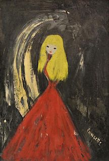 Pouchett, girl in a red dress, signed, oil on board, 54cm x 37cm,
