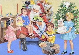 1950's watercolour illustration, Santa Claus, 24cm x 33cm,