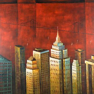 Spanish School, cityscape with skyscrapers and bridge, oil on canvas, 101cm x 101cm,