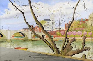 § Ula Paine, (British 1909-2001), 'Richmond Bridge', signed and dated 1958, oil on canvas, 50cm x 76