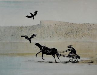 † Arthur  Boyd AC OBE ( Australian 1920 - 1999)  limited edition print of a horse and cart and two b
