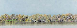 Tom Phillips 'White Bird on the Billabong', signed, watercolour,  23cm x 66cm,