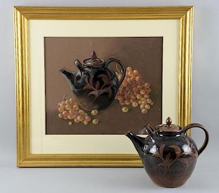 Elizabeth Hazelwood, tea pot with grapes, signed, watercolour, 30cm x 38cm,  sold with the tea pot f