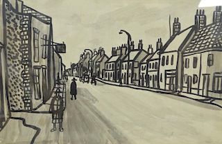 David Smith British (1920-1994/8), pen and ink sketch of a street with figures, signed lower right a
