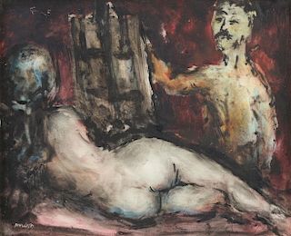 20th century, study of an artist painting a nude, signature indistinct, mixed media on panel, 20cm x