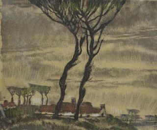 After Alphonse Joseph Blomme, Belgium (1889-1979), landscape with buildings and trees, etching, sign