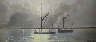 Edward Loverius (1911-1992), View of Harwich with boats in the foreground. Oil on board, signed, fra