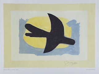 Georges Braque 1882-1963 'Oiseau Bleu et Jaune, 1960' coloured lithograph print,  27cm x 40cm facsim