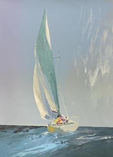 † Donald Hamilton Fraser, signed screenprint of a yacht at sea, 22/250, 70cm x 53cm, CCA Galleries b