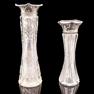 2pc Vintage Cut Glass and Sterling Silver Bud Vases