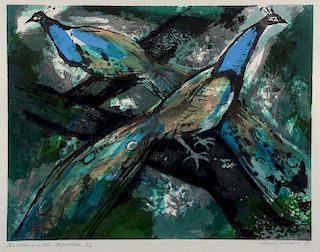 † Sheila Jackson, 'Peacocks in a tree, Rajasthan', signed and dated '87, screenprint, 1/12, 36cm x 4