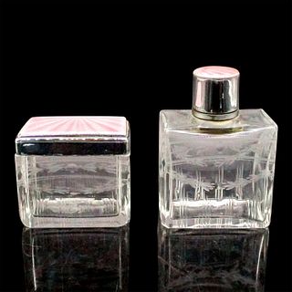 2pc Vintage Etched Glass/Enamel Perfume Bottle and Pin Box