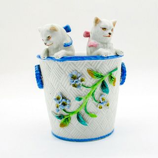 Antique German Porcelain White Cats in Floral Basket