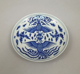 Chinese Blue and White Porcelain Phoenix Dish.