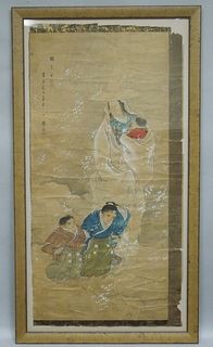 Shodo, Japanese Painting on Paper, Woman with Children.