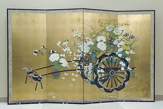 Japanese 4-Panel Gilt Decorated Painted Screen.