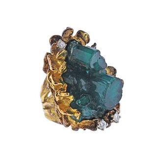 1960s Chatham Emerald Diamond Gold Free Form Ring
