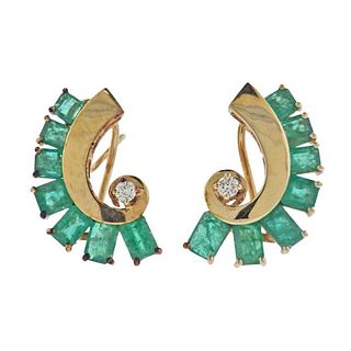 Midcentury 14k Gold Diamond Emerald Earrings