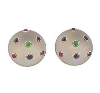 Trianon Crystal Ruby Emerald Sapphire 14K Gold Earrings