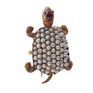 Antique 14k Gold Diamond Pearl Ruby Turtle Brooch Pendant