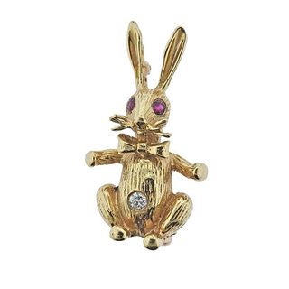 14k Gold Diamond Ruby Rabbit Brooch Pin