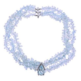 14k Gold Diamond Pearl Aquamarine Bead Necklace