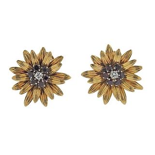 18k Gold Ruby Diamond Flower Earrings