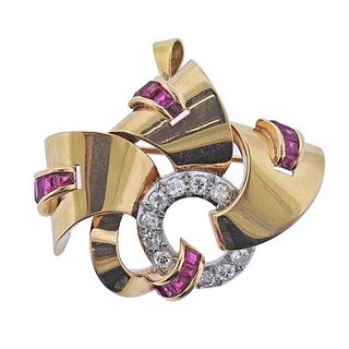 Retro 18k Gold Platinum Ruby Diamond Brooch Pendant
