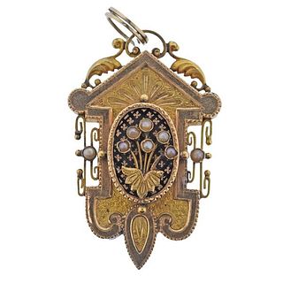 Antique Victorian 14k Gold Pearl Enamel Locket Pendant
