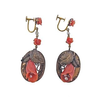 Antique Gold Carved Coral Pearl Drop Earrings