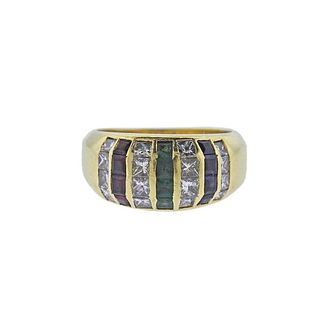 18k Gold Diamond Ruby Emerald Sapphire  Band Ring