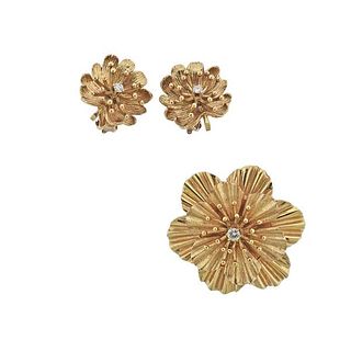 1960s 14k Gold Diamond Flower Brooch Earrings Set