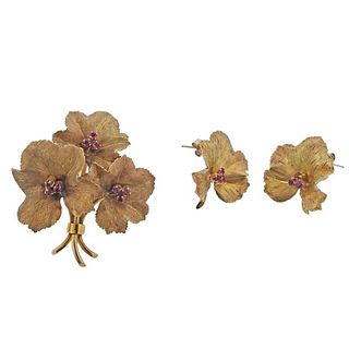 Tiffany &amp; Co Midcentury 18k Gold Ruby Leaf Brooch Earrings Set