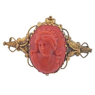 Antique Victorian Silver Gold Plated Coral Cameo Brooch 