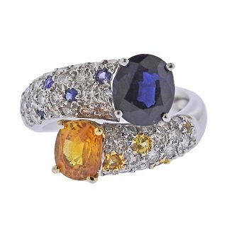 18k Gold Yellow Blue Sapphire Diamond Bypass Ring