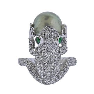 18k Gold Diamond Pearl Tsavorite Frog Ring