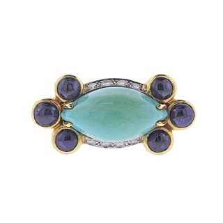 18k Gold Diamond Turquoise Sapphire Cocktail Ring