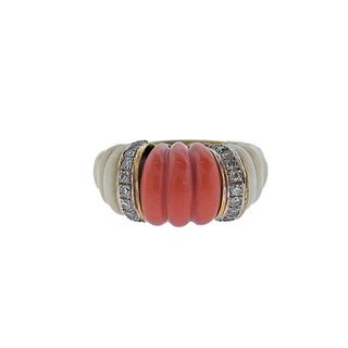 1970s 14k Gold Diamond Carved Coral Ring 