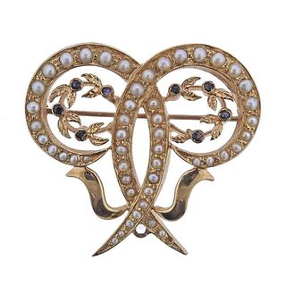 Antique 14k Gold Pearl Sapphire Brooch Pendant