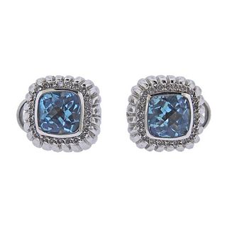 14k Gold Diamond Blue Topaz Earrings