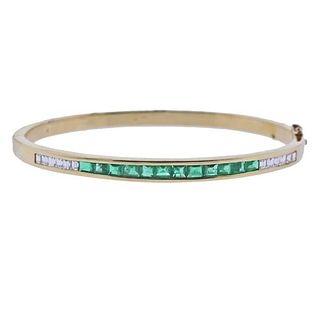 14k Gold Diamond Emerald Bangle Bracelet